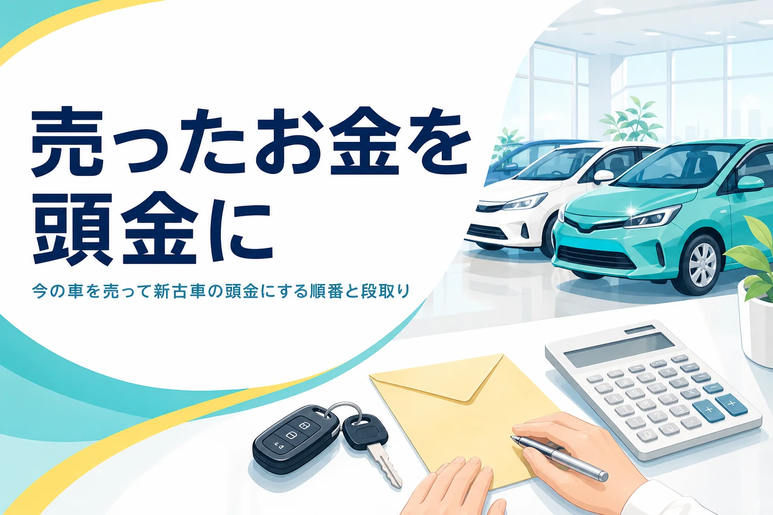 車の鍵と封筒と電卓が置かれた机と、今の車を売ったお金を新古車の頭金にする方法を紹介する記事タイトル