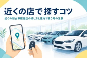 展示場の車のシルエットとスマートフォンの地図画面と、近くの新古車販売店の探し方を紹介する記事タイトル