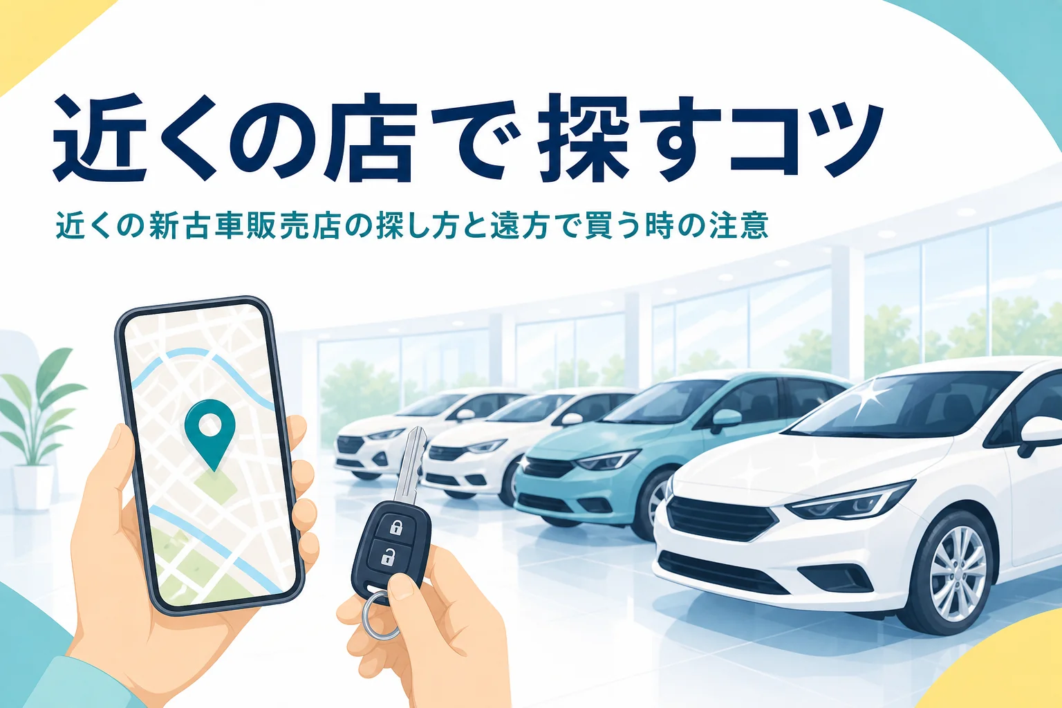 展示場の車のシルエットとスマートフォンの地図画面と、近くの新古車販売店の探し方を紹介する記事タイトル