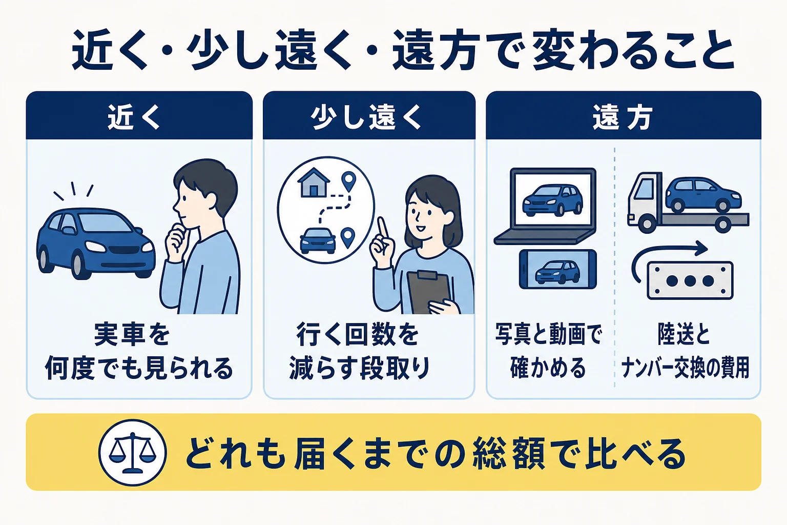 新古車を近くの店・少し遠くの店・遠方の店で買う時に、手間と費用と確かめ方がどう変わるかを比べた図解