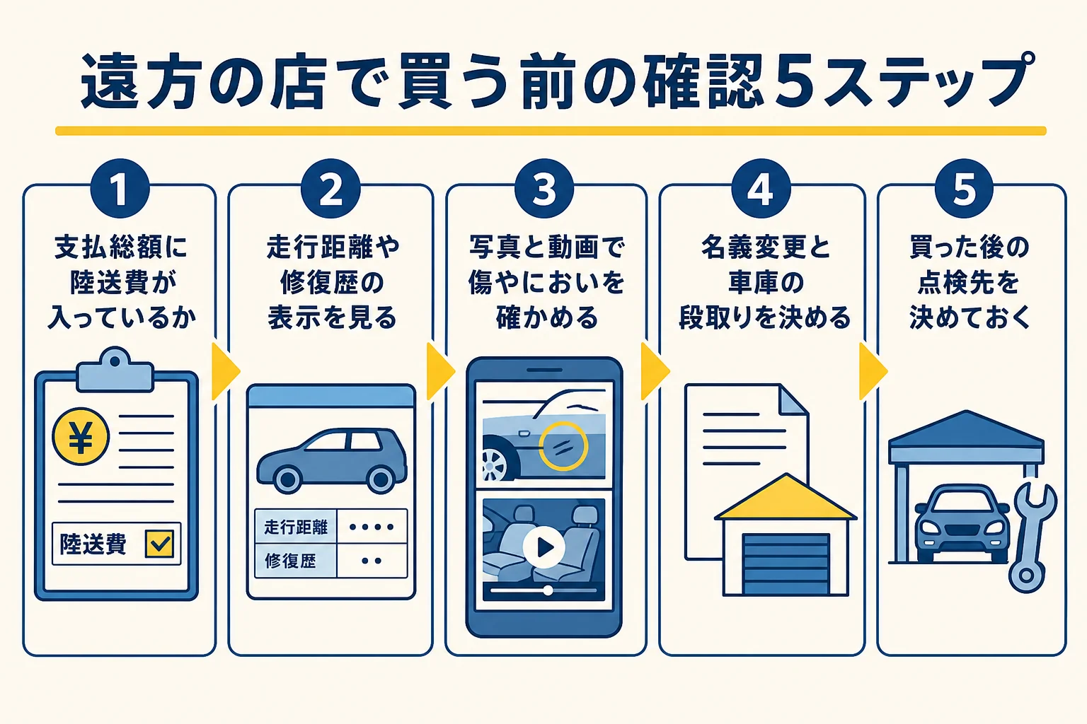 遠方の店で新古車を買う前に確かめたいことを手順にまとめた図解