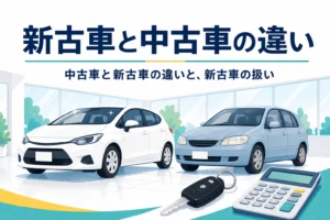 展示場に並ぶ新しい車と使われてきた車、新古車と中古車の違いを解説する記事のタイトル
