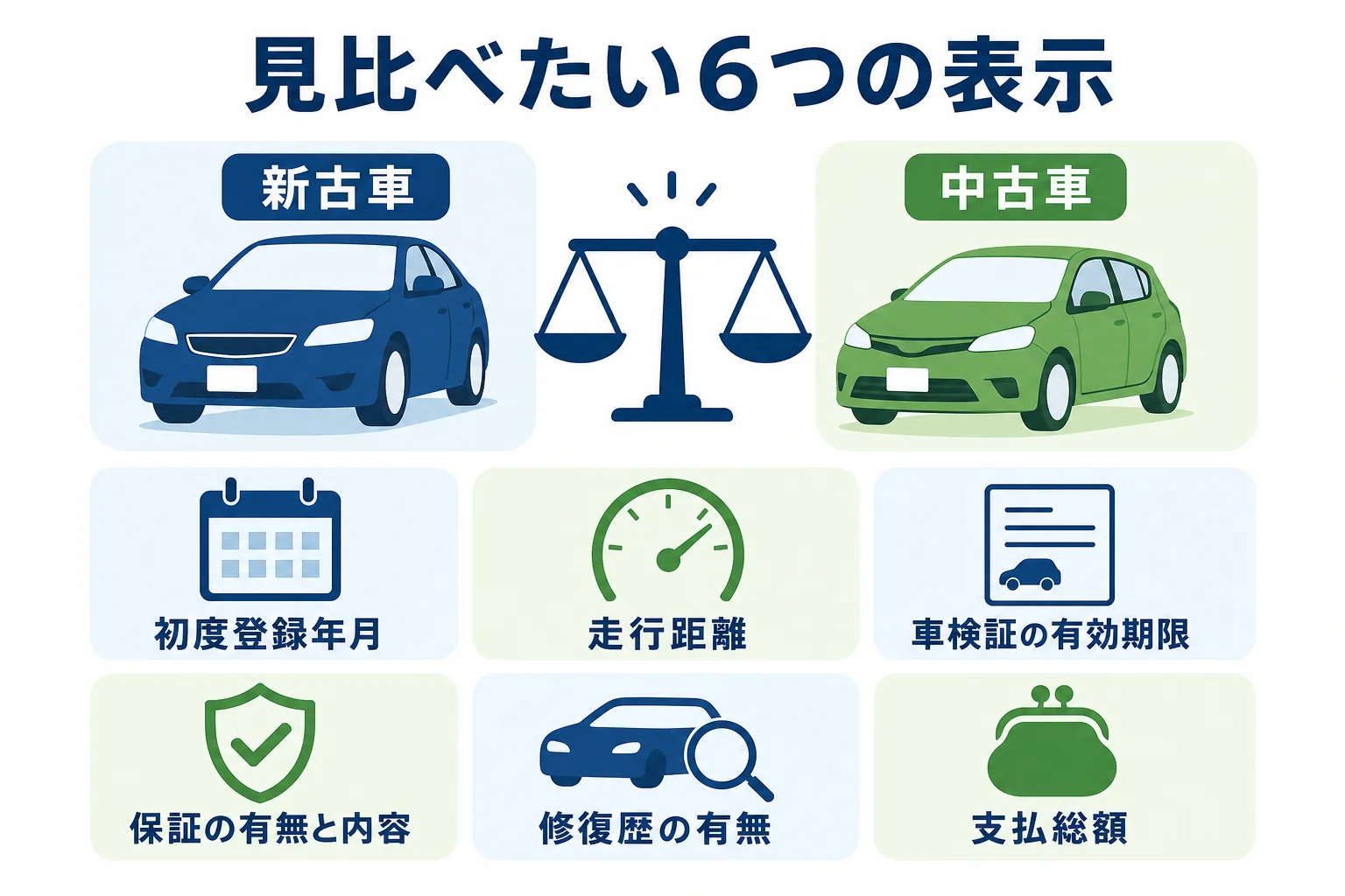 新古車・中古車を見比べる時に確かめたい表示の項目をまとめた図解