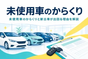 展示場に並ぶ車と「未使用車のからくり」の文字