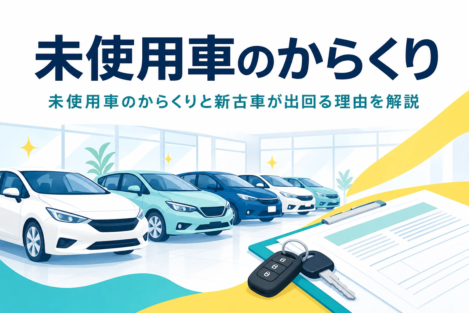 展示場に並ぶ車と「未使用車のからくり」の文字