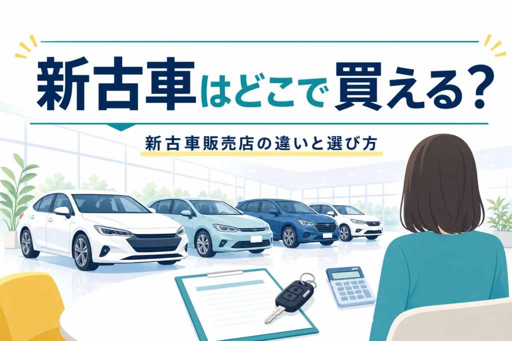 販売店の展示場に並ぶ車のシルエットと商談テーブルと、新古車をどこで買えるかを紹介する記事タイトル
