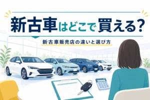 販売店の展示場に並ぶ車のシルエットと商談テーブルと、新古車をどこで買えるかを紹介する記事タイトル