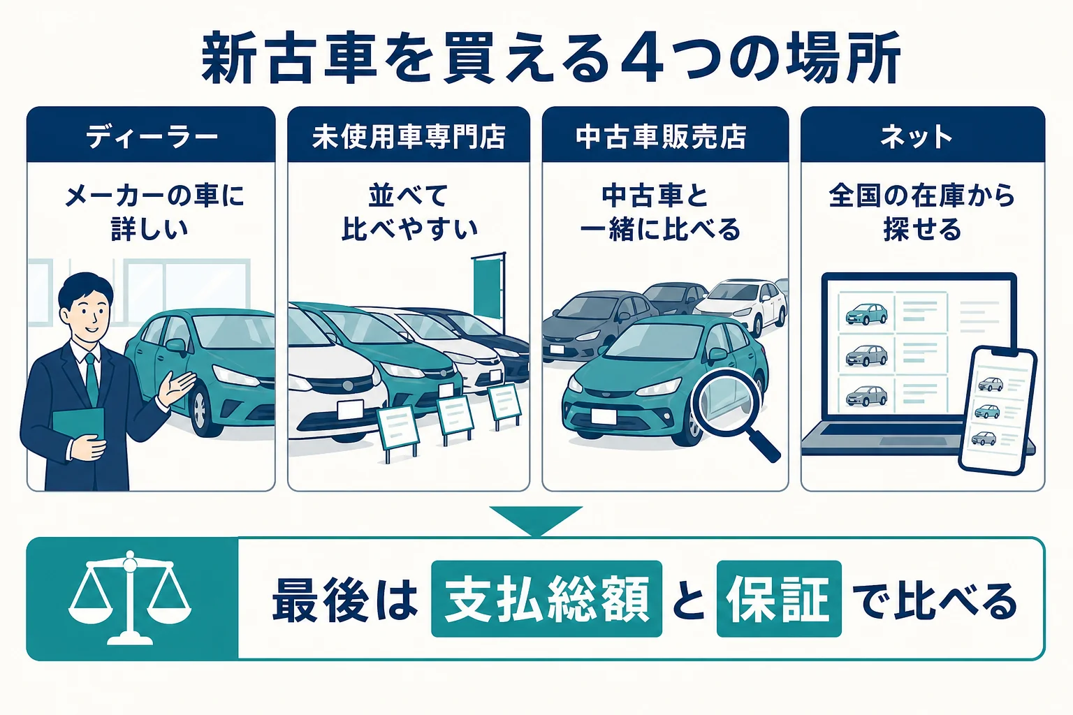 新古車をディーラー・未使用車専門店・中古車販売店・ネットの4つの買う場所で、在庫・保証・相談のしやすさを比べた図解