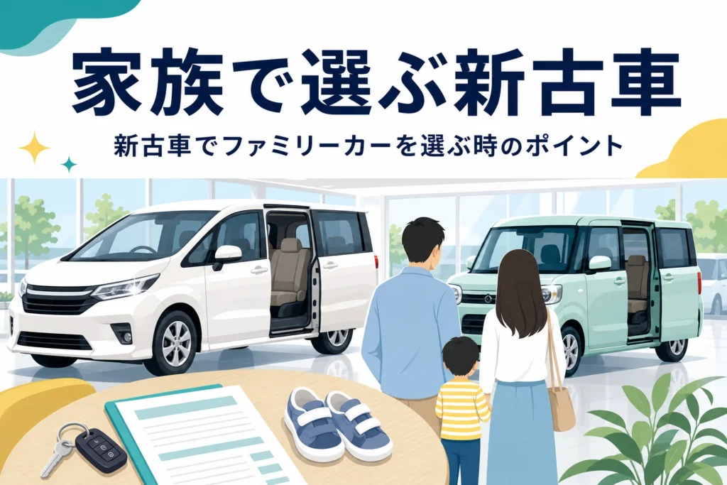 展示場に並ぶミニバンと軽ワゴンのシルエットと、新古車でファミリーカーを選ぶポイントを紹介する記事タイトル