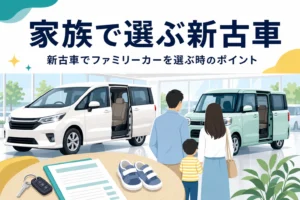 展示場に並ぶミニバンと軽ワゴンのシルエットと、新古車でファミリーカーを選ぶポイントを紹介する記事タイトル