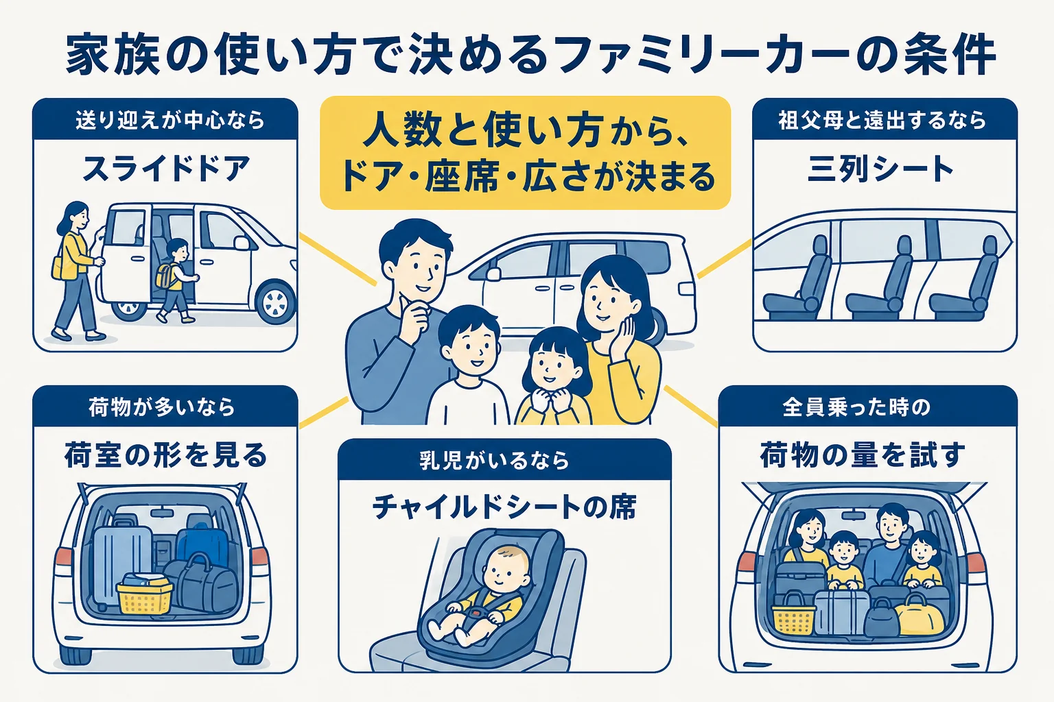 家族の人数と送り迎え・遠出・荷物の使い方ごとに、ドア・座席・広さの条件を決める考え方をまとめた図解
