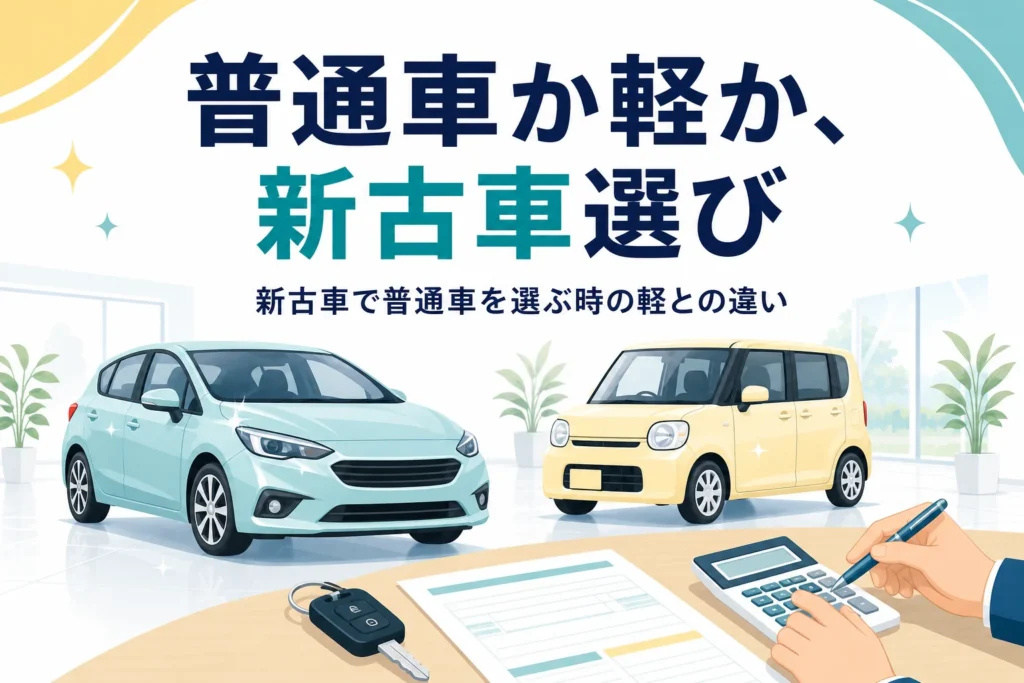 展示場に並ぶコンパクトカーと軽自動車のシルエットと、新古車で普通車を選ぶ時の軽との違いを紹介する記事タイトル