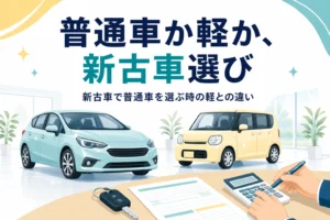 展示場に並ぶコンパクトカーと軽自動車のシルエットと、新古車で普通車を選ぶ時の軽との違いを紹介する記事タイトル