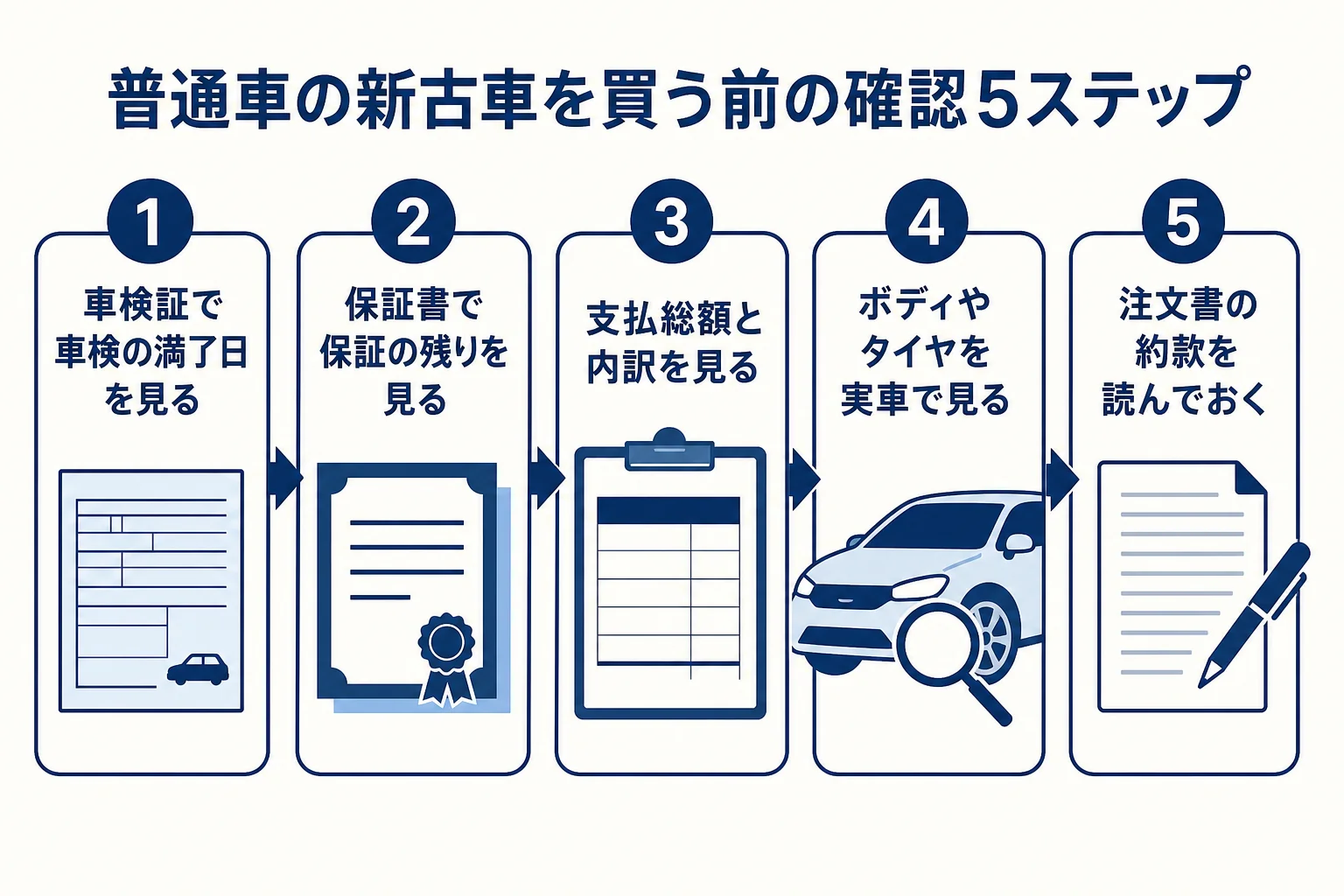 普通車の新古車を契約する前に確かめたい5つのことを手順にまとめた図解