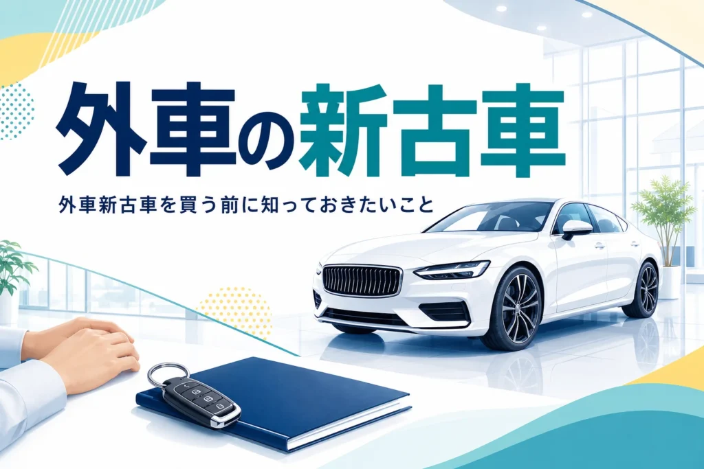 ショールームの輸入車風の車と車の鍵・保証書、外車の新古車を買う前に知っておきたいことを紹介する記事のタイトル