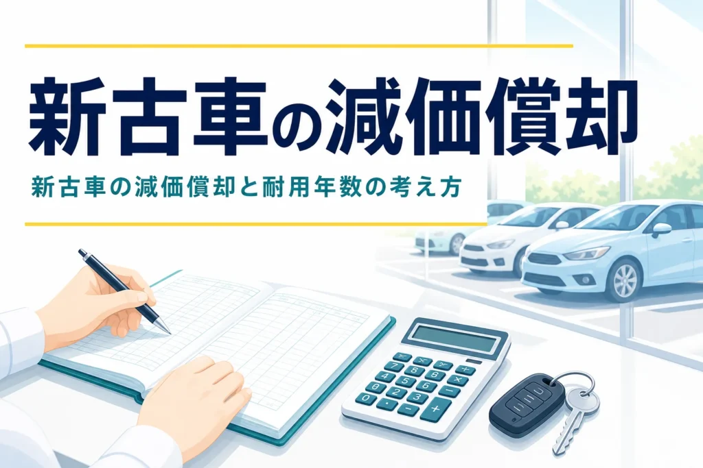 電卓と帳簿、車の鍵を並べ、新古車の減価償却と耐用年数の考え方を紹介する記事のアイキャッチ