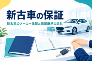 販売店のカウンターの保証書と点検記録のノート・車の鍵、新古車のメーカー保証を紹介する記事のタイトル