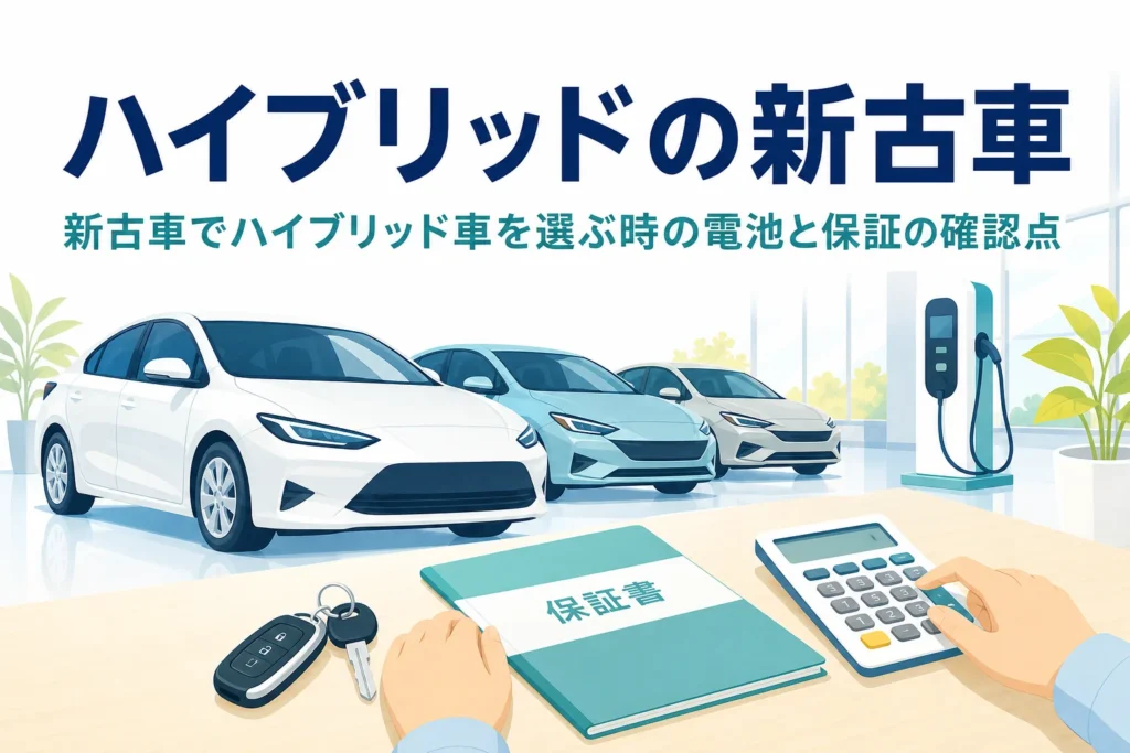 展示場に並ぶ乗用車のシルエットと充電スタンド、新古車でハイブリッド車を選ぶ時の確認点を紹介する記事タイトル