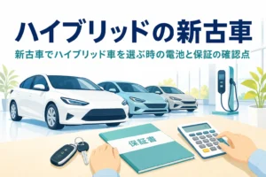 展示場に並ぶ乗用車のシルエットと充電スタンド、新古車でハイブリッド車を選ぶ時の確認点を紹介する記事タイトル