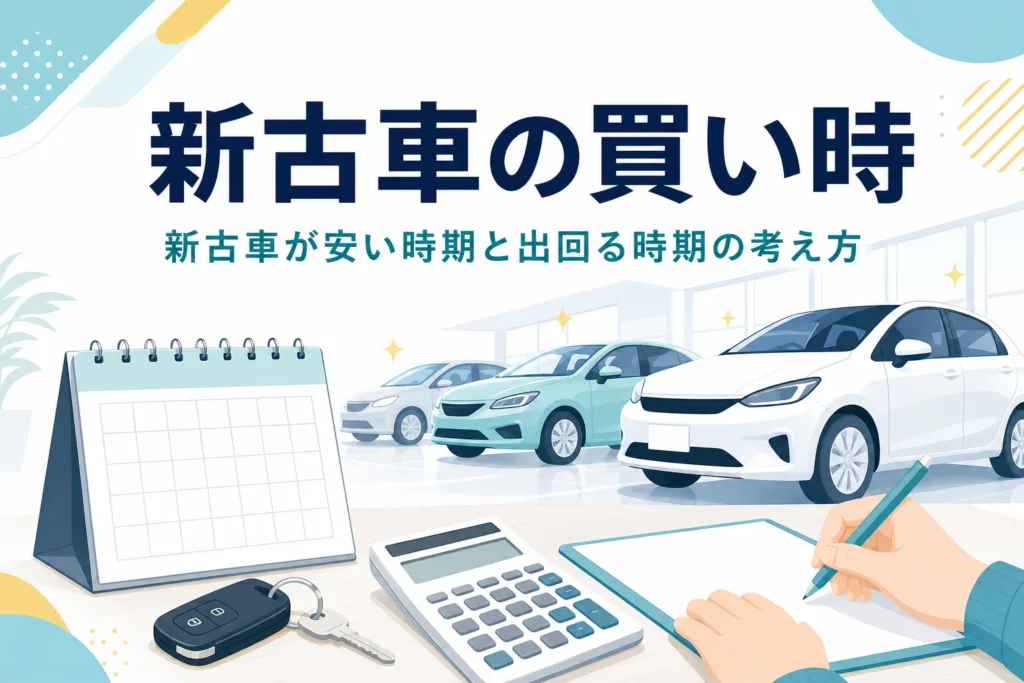 展示場の新しい車とカレンダー・車の鍵、新古車が安い時期の考え方を紹介する記事のタイトル