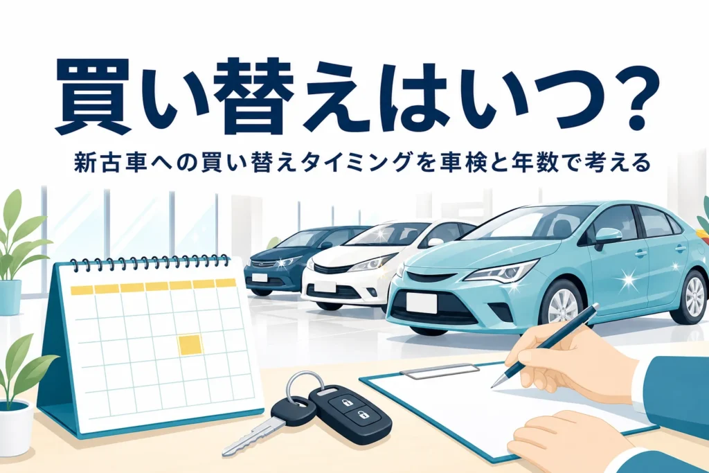カレンダーと車の鍵が置かれた机と、新古車への買い替えタイミングを考える記事タイトル