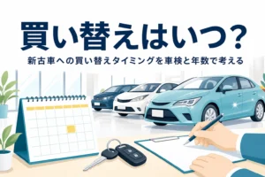 カレンダーと車の鍵が置かれた机と、新古車への買い替えタイミングを考える記事タイトル