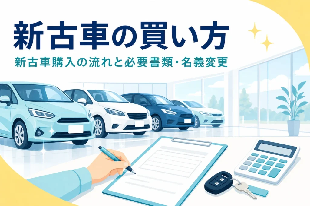 展示場の新しい車と見積書・車の鍵、新古車の買い方を紹介する記事のタイトル