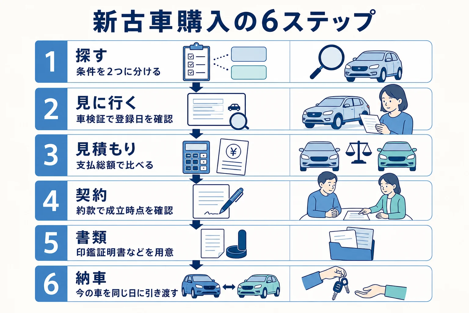新古車購入の流れを探す・見に行く・見積もり・契約・書類・納車の6段階に並べた図解
