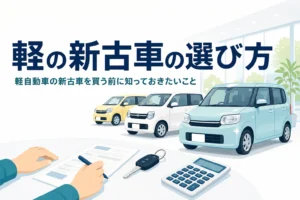 展示場に並ぶ軽自動車のシルエットと、軽自動車の新古車の選び方を紹介する記事タイトル