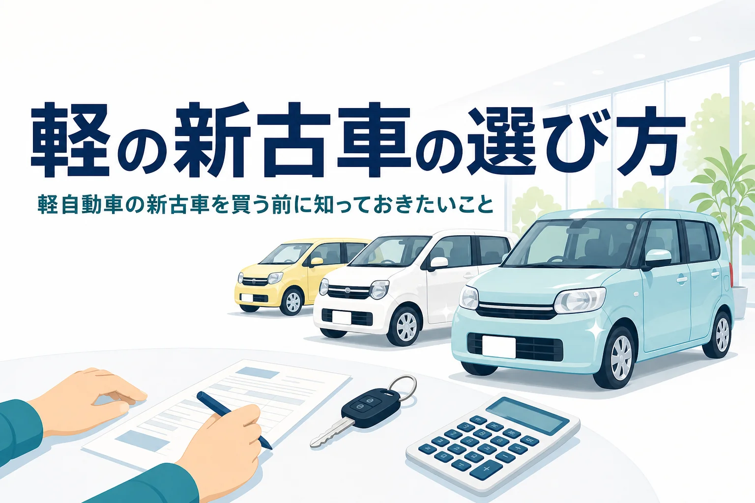 展示場に並ぶ軽自動車のシルエットと、軽自動車の新古車の選び方を紹介する記事タイトル