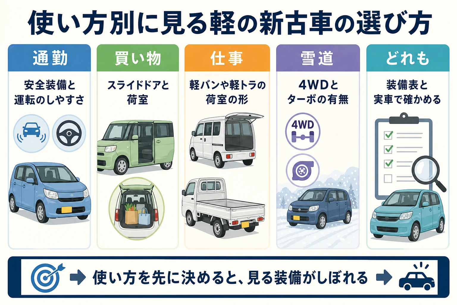 軽自動車の新古車を通勤・買い物・仕事・雪道の使い方別に、見たい装備でまとめた図解