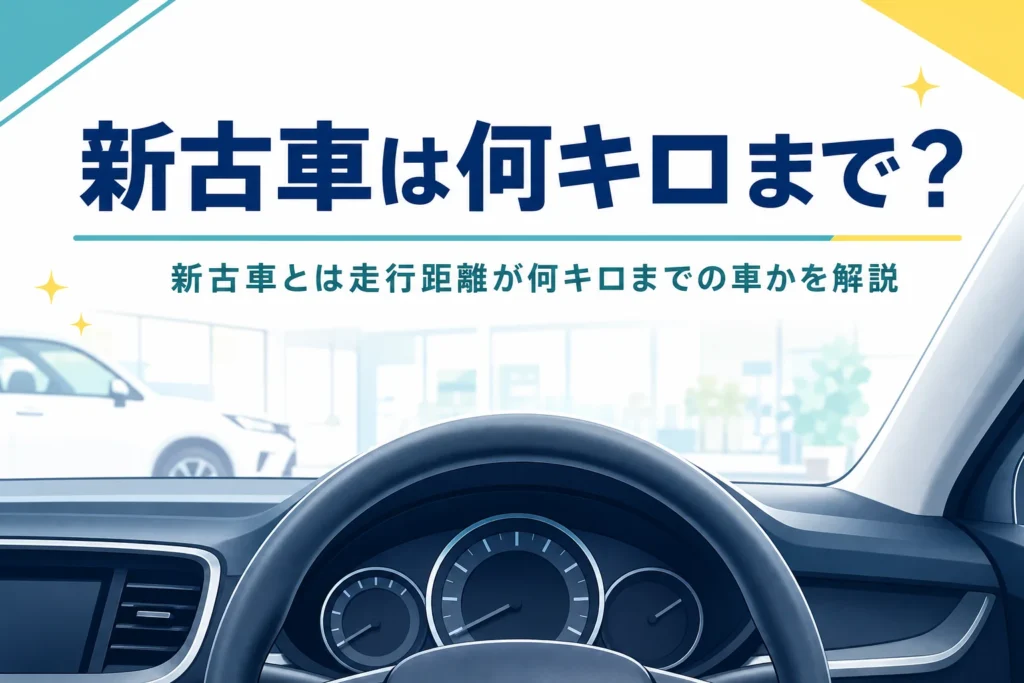 車のメーターパネルと「新古車は何キロまで？」の文字