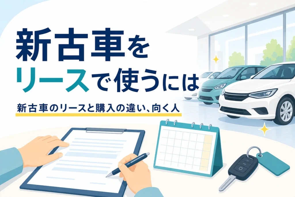 展示場の車と契約書類、カレンダーを並べ、新古車のカーリースと購入の違いを紹介する記事のアイキャッチ