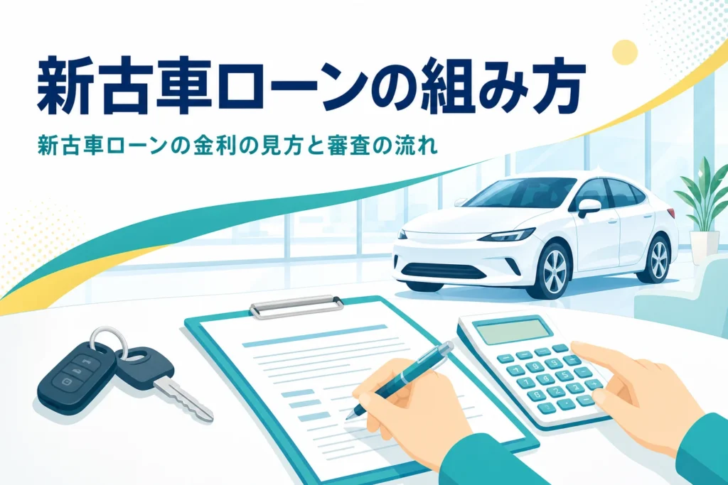 商談テーブルの契約書類と電卓、車の鍵を並べ、新古車ローンの組み方を紹介する記事のアイキャッチ