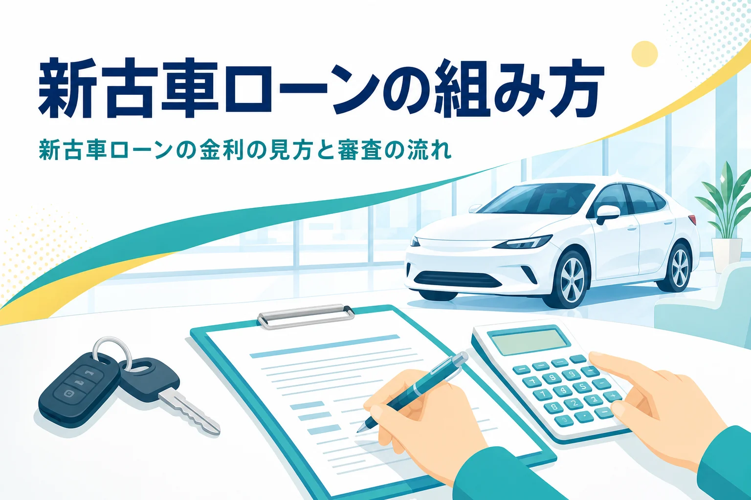 商談テーブルの契約書類と電卓、車の鍵を並べ、新古車ローンの組み方を紹介する記事のアイキャッチ