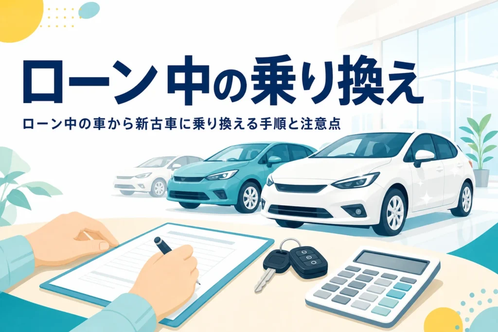 車の鍵と書類と電卓が置かれた机と、ローン中の車から新古車に乗り換える方法を紹介する記事タイトル