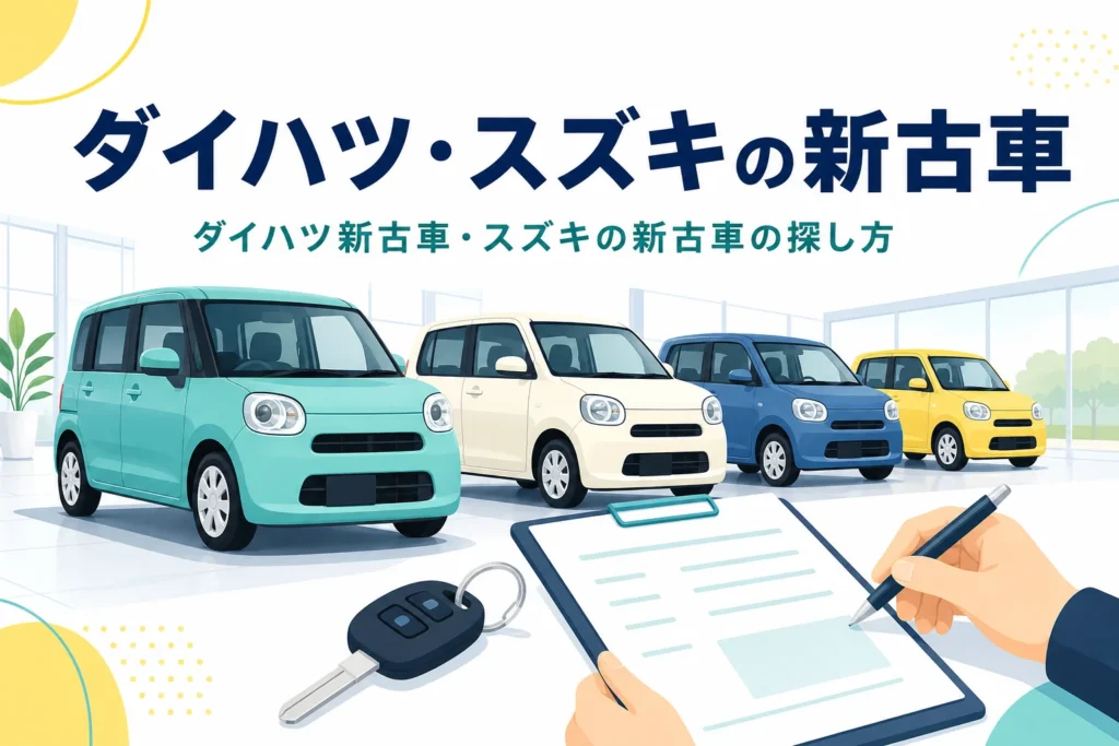 展示場に並ぶ軽自動車と車の鍵、ダイハツ・スズキの新古車の探し方を紹介する記事のタイトル