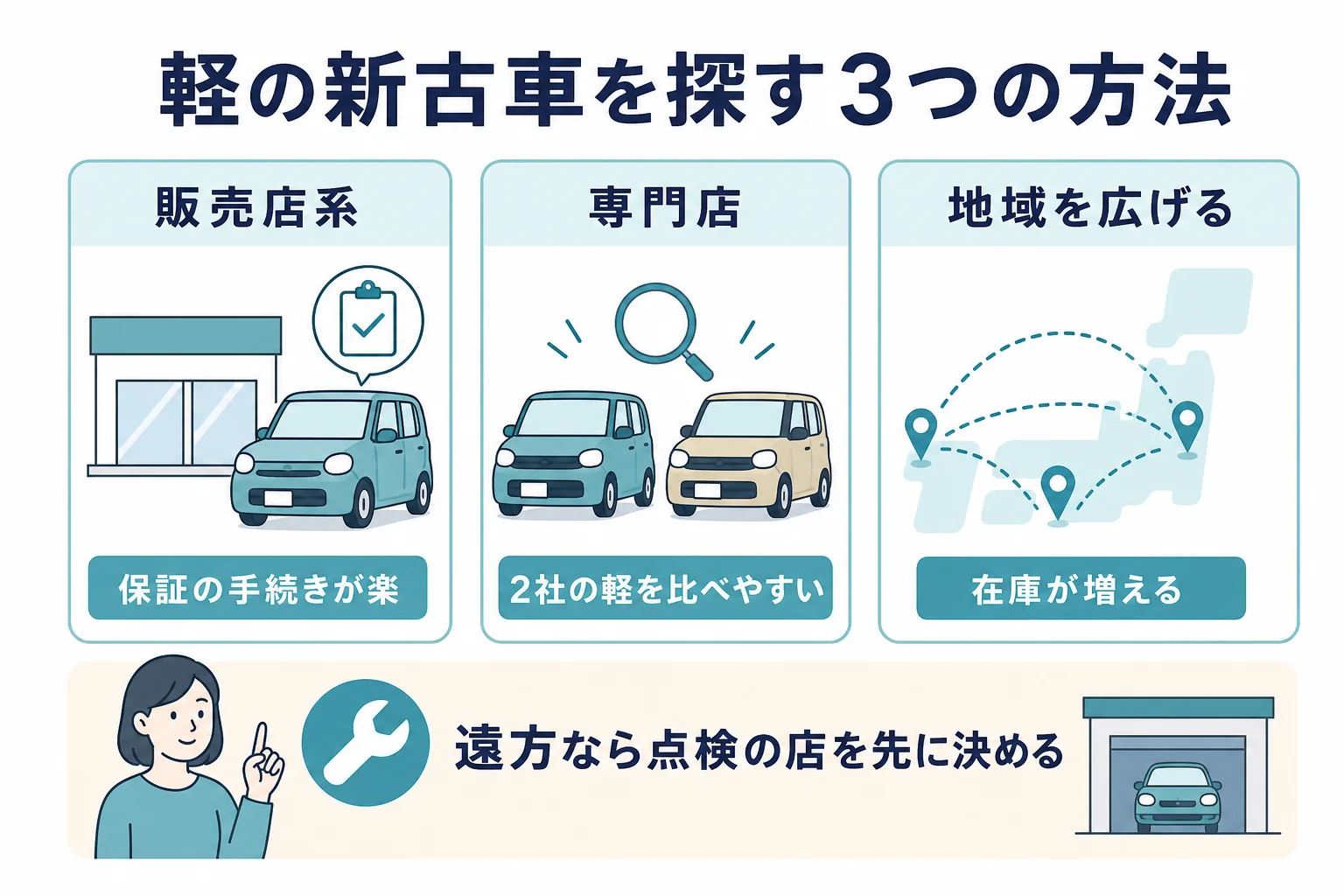 ダイハツ・スズキの新古車をメーカー系の販売店・未使用車専門店・地域を広げた検索の3つの探し方で比べた図解