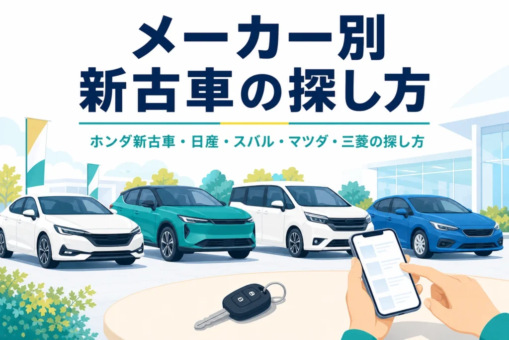 展示場に並ぶ車と車の鍵・スマートフォン、ホンダなど5社の新古車の探し方を紹介する記事のタイトル