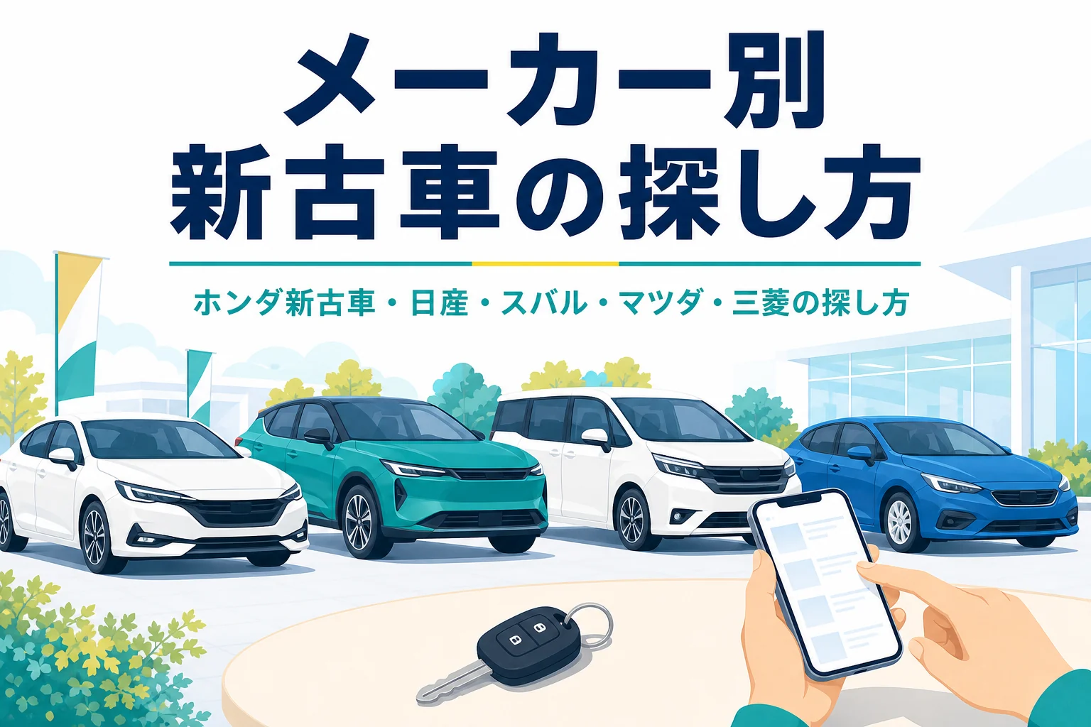 展示場に並ぶ車と車の鍵・スマートフォン、ホンダなど5社の新古車の探し方を紹介する記事のタイトル