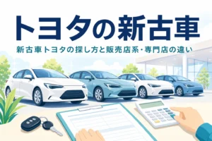 展示場に並ぶ車と車の鍵・見積書、トヨタの新古車の探し方を紹介する記事のタイトル
