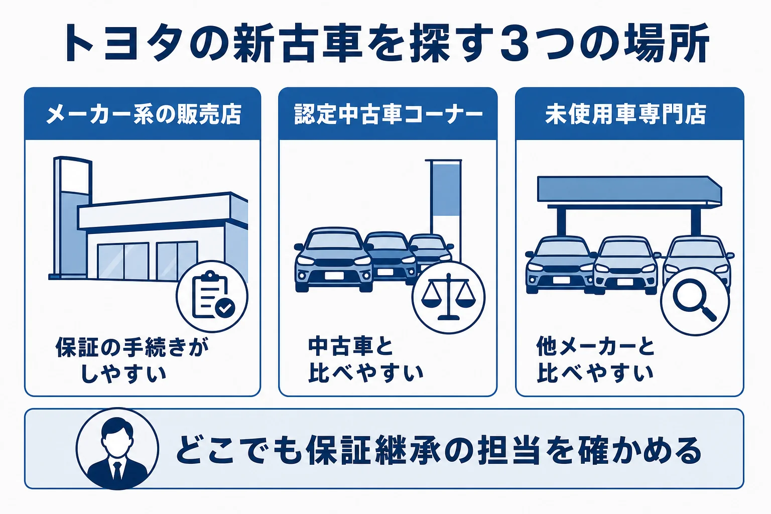 トヨタの新古車をメーカー系の販売店・認定中古車コーナー・未使用車専門店の3つで、保証と在庫の探し方を比べた図解
