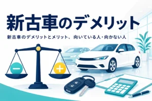 展示場の車と天秤に「新古車のデメリット」の文字