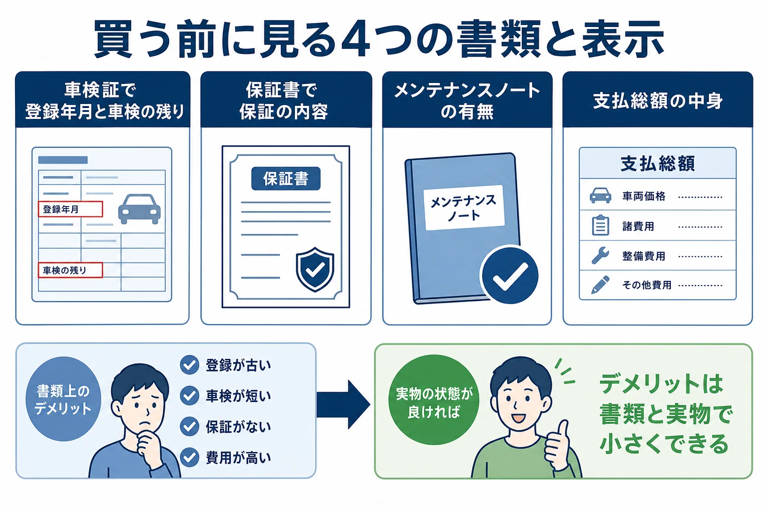 新古車のデメリットを小さくするために買う前に確かめる4つの書類と表示の図解