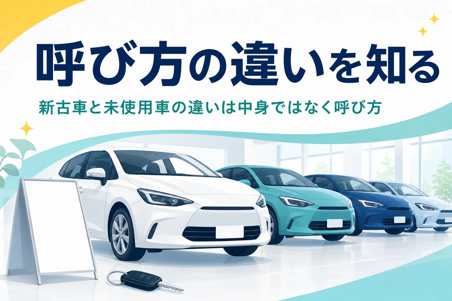 展示場の新しい車と鍵、新古車と未使用車の違いを解説する記事のタイトル