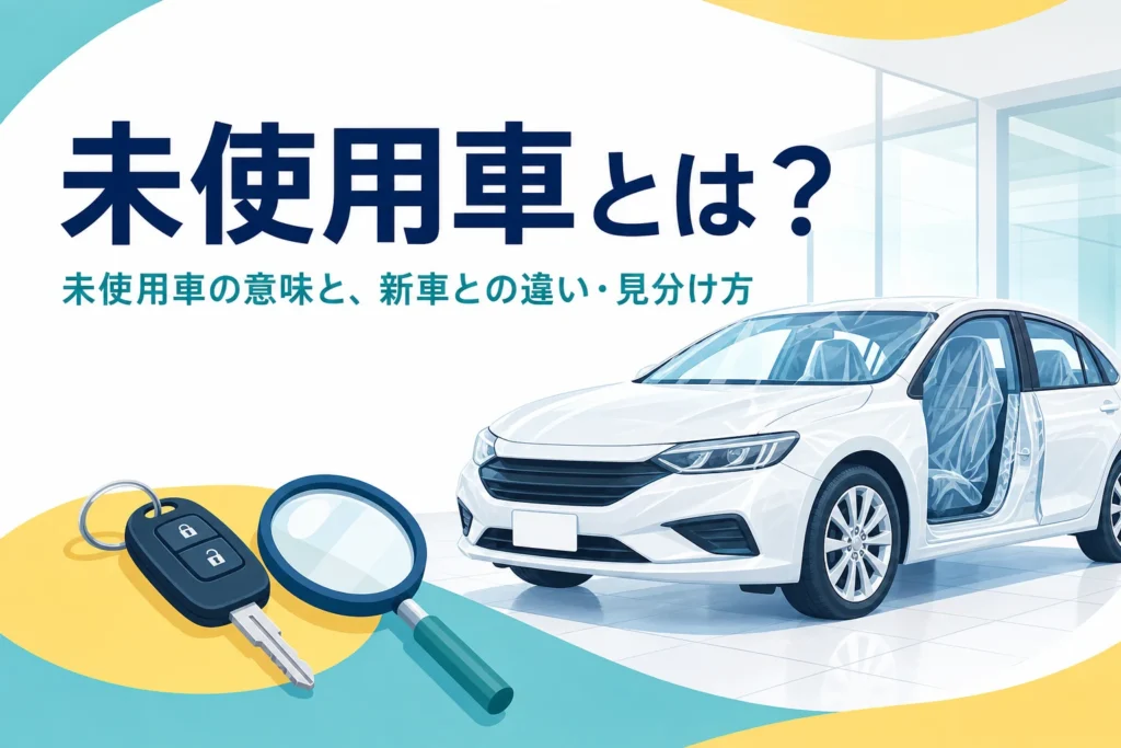 展示場の新しい車と鍵、未使用車とは何かを解説する記事のタイトル
