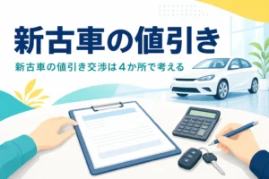商談テーブルの見積書と電卓・車の鍵、新古車の値引き交渉を紹介する記事のタイトル
