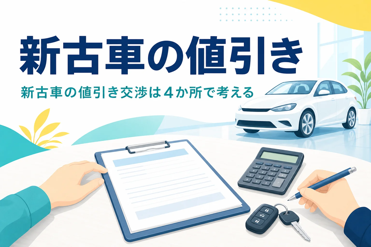 商談テーブルの見積書と電卓・車の鍵、新古車の値引き交渉を紹介する記事のタイトル