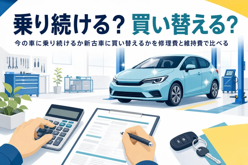 見積書と電卓と車の鍵が置かれた机と、今の車に乗り続けるか新古車に買い替えるかを比べる記事タイトル
