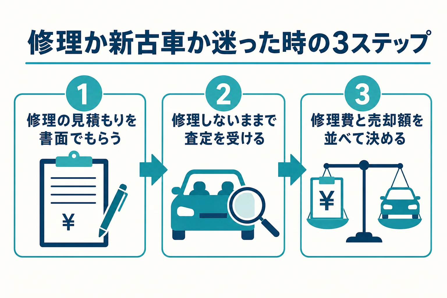 修理か新古車かで迷った時に、修理の見積もりと今の車の査定を並べて決める3つの手順の図解